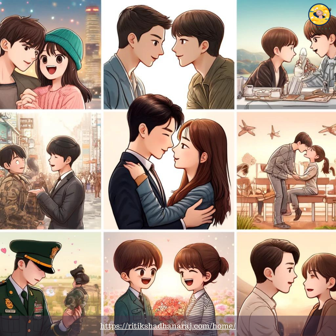 Here is a cartoon illustration compiling love scenes from various popular dramas: "The Heirs," "Boys Over Flowers," "Descendants of the Sun," "Strong Woman Do Bong-soon," and "Reply 1988." The vibrant colors and romantic expressions capture the essence of each love story, highlighting the special moments between the characters. I hope you enjoy this compilation!